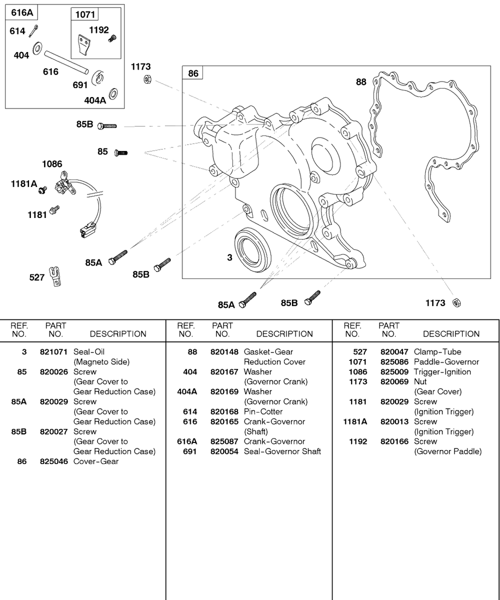 Gear Cover, Governor Crank Diagram and Parts List for 580447-0315-XX  Briggs and Stratton Engine